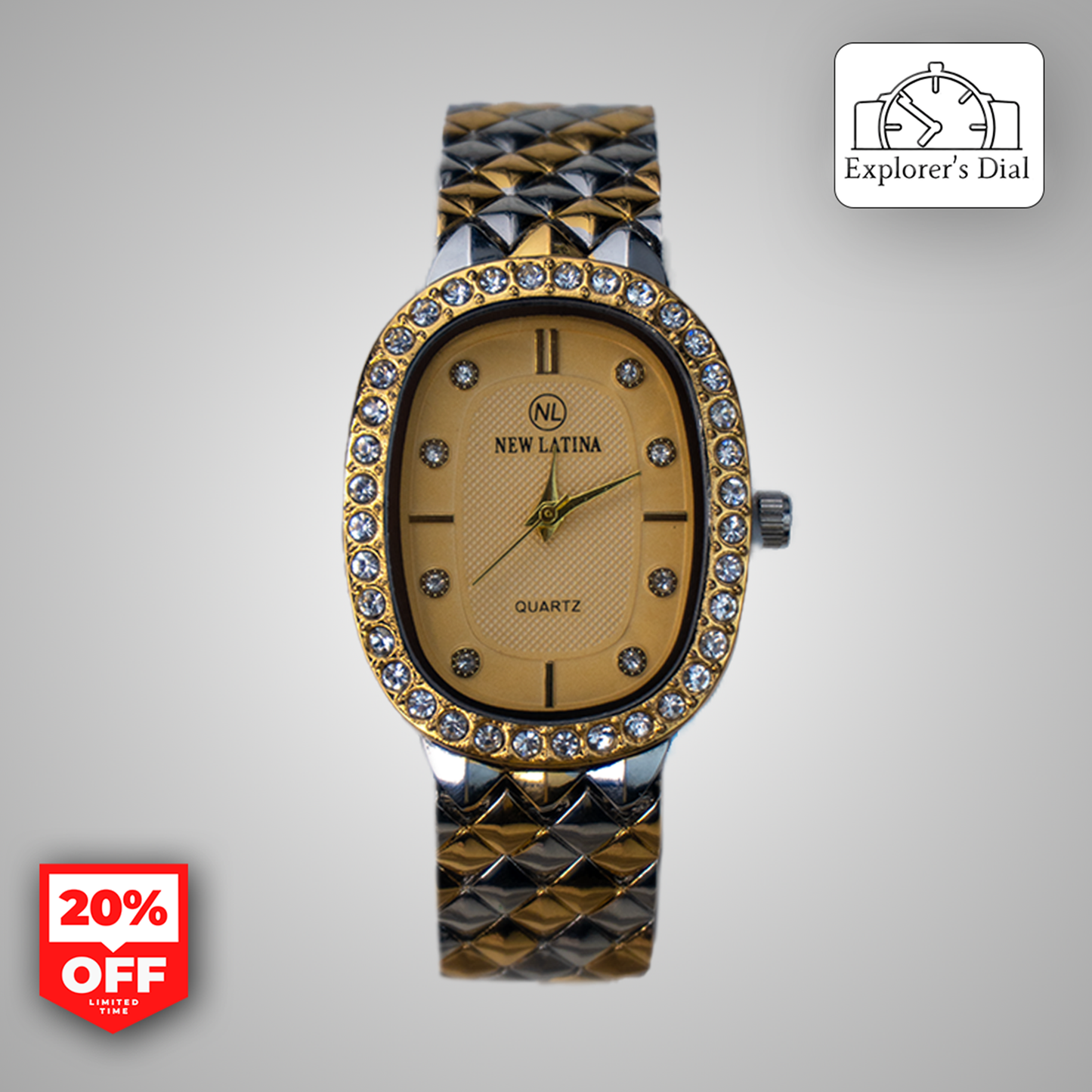 New Latina women's luxury quartz watch with gold dial and diamond-studded bezel