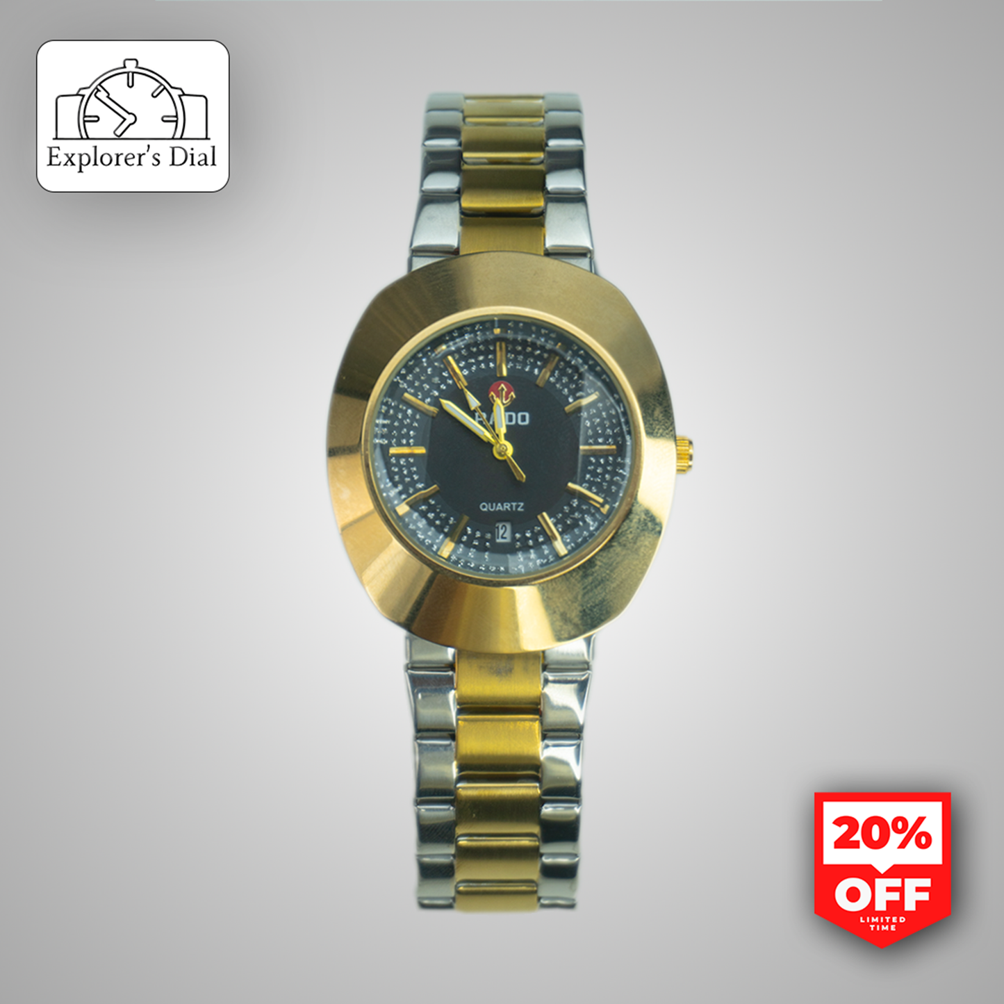 Rado-inspired gold and silver men’s quartz watch with black dial and date window – stylish dual-tone timepiece.