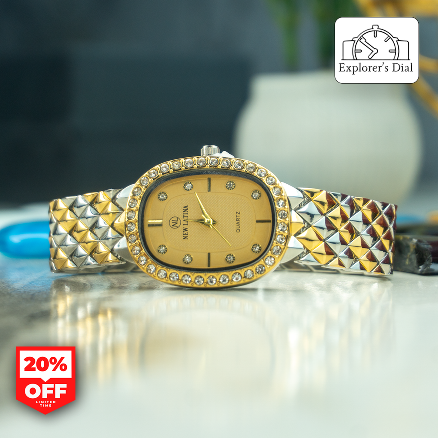 "Elegant ladies New Latina gold-tone wristwatch placed on table – stylish and discounted at 20% OFF"