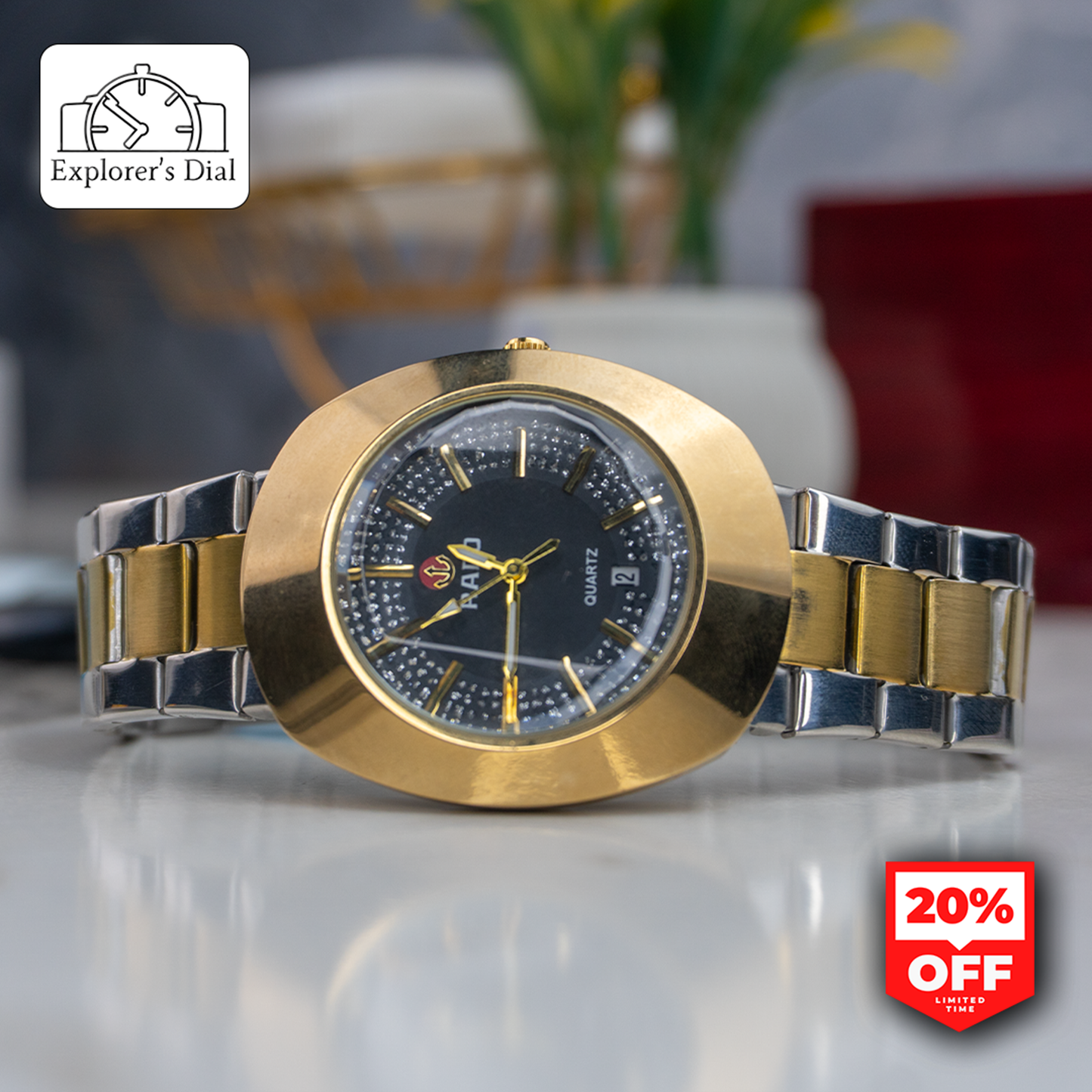 Luxury Rado-style gold bezel watch for men with black patterned dial and stainless steel strap – modern dual-tone quartz.