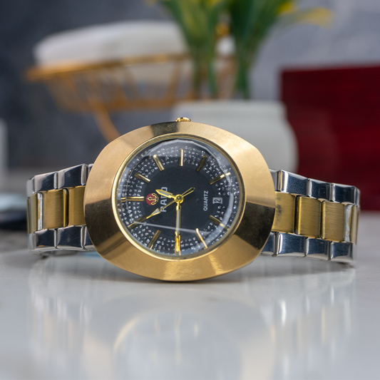 Rado-Inspired Gold & Silver Quartz Watch for Men – Elegant Dual-Tone with Date Display