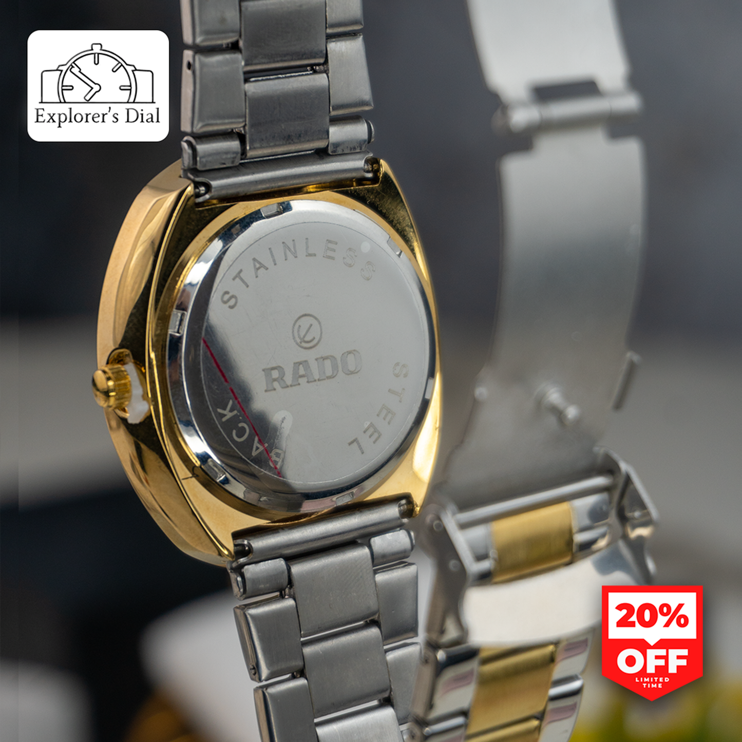 Backside of Rado-inspired gold and silver men’s watch showing stainless steel case – durable premium wristwatch from Explorer’s Dial