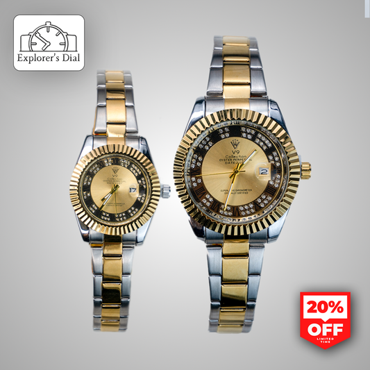 "V9 couple watch set – gold and silver two-tone stainless steel watches with date display for him and her"

