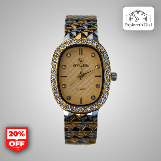 New Latina women's luxury quartz watch with gold dial and diamond-studded bezel