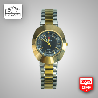 Rado-inspired gold and silver men’s quartz watch with black dial and date window – stylish dual-tone timepiece.
