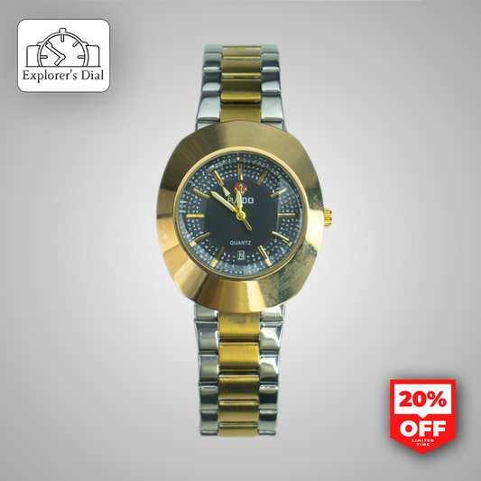 Rado-inspired gold and silver men’s quartz watch with black dial and date window – stylish dual-tone timepiece.
