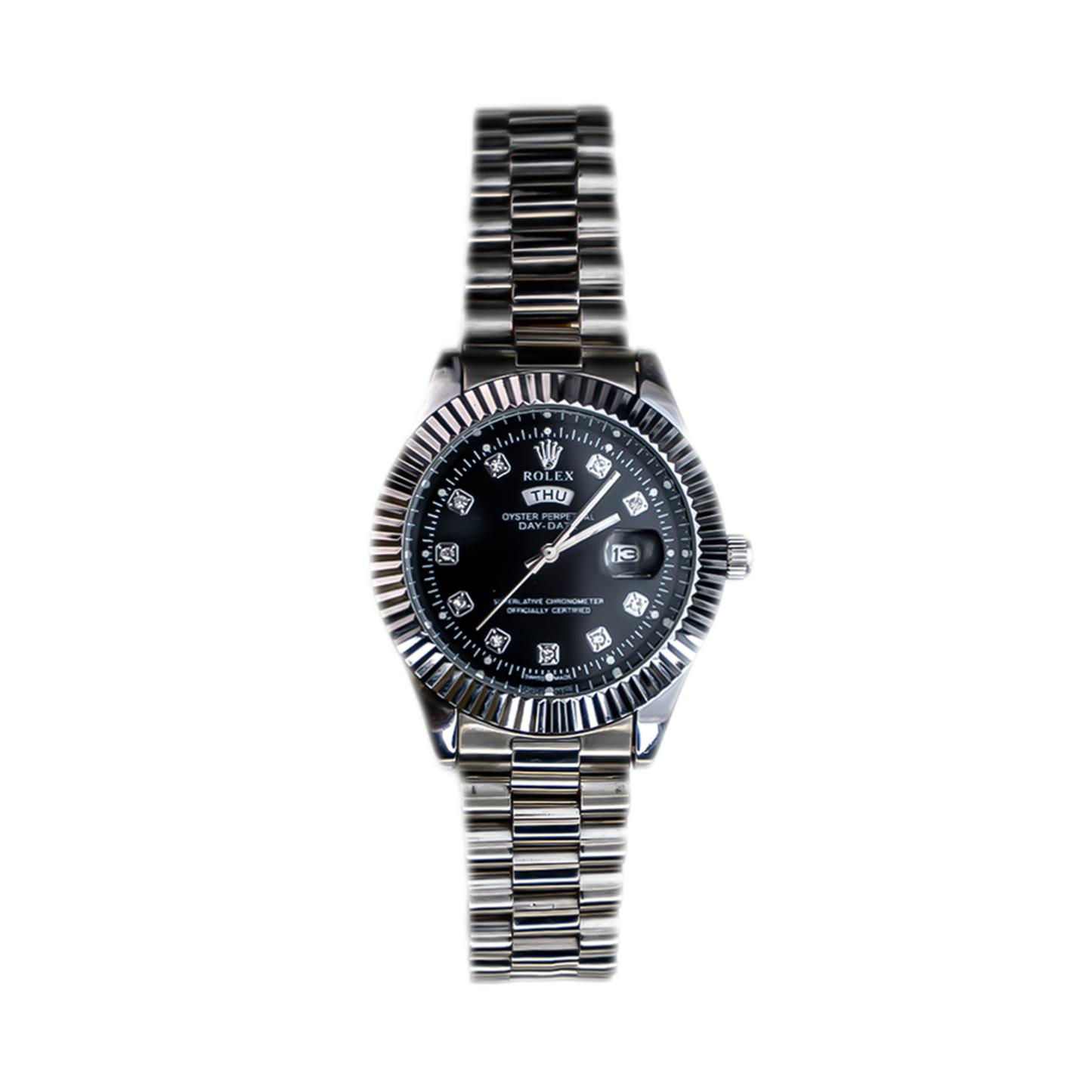 Rolex Day-Date Watch– Black Dial Timepiece with Diamond Markers
