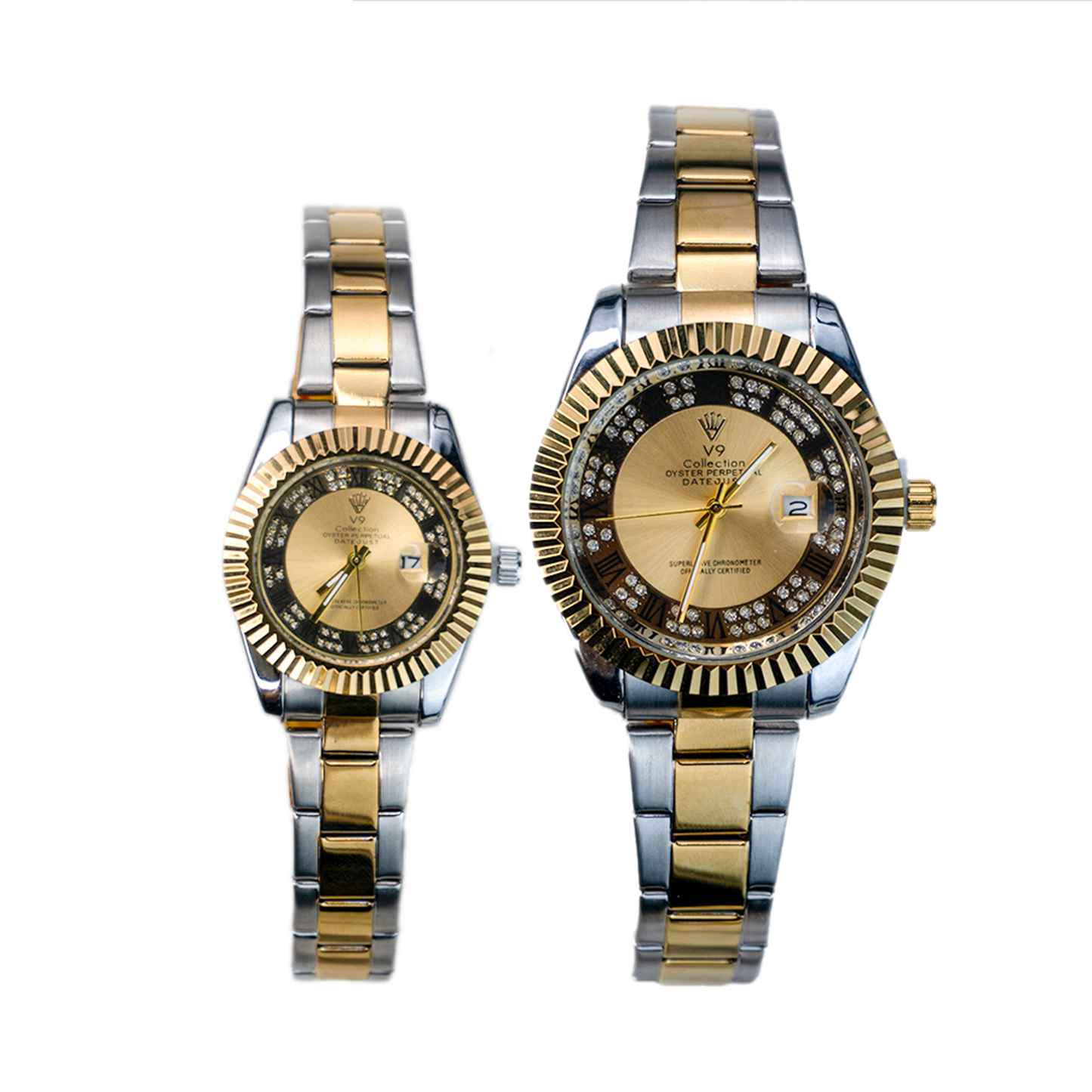 V9 Couple Watches Set – Gold & Silver Two-Tone His & Her Luxury Watches - Explorer’s Dial