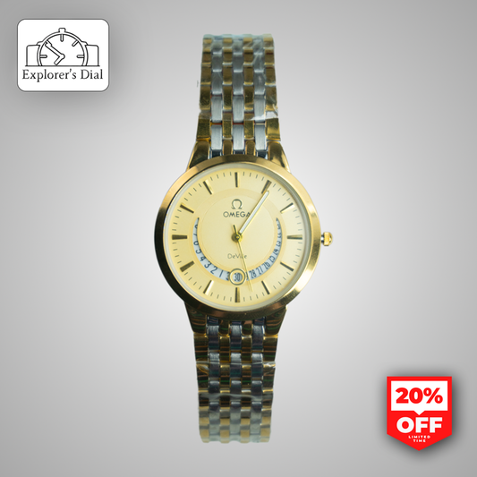 Front view of Omega De Ville men's watch with gold dial and two-tone bracelet