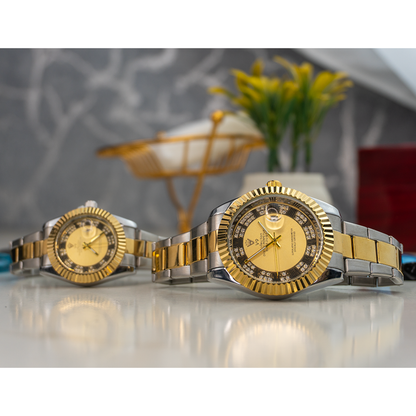 V9 Couple Watches Set – Gold & Silver Two-Tone His & Her Luxury Watches - Explorer’s Dial