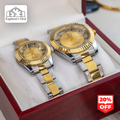 "His & her V9 couple watches in red gift box – perfect matching set for anniversary or wedding gift"

