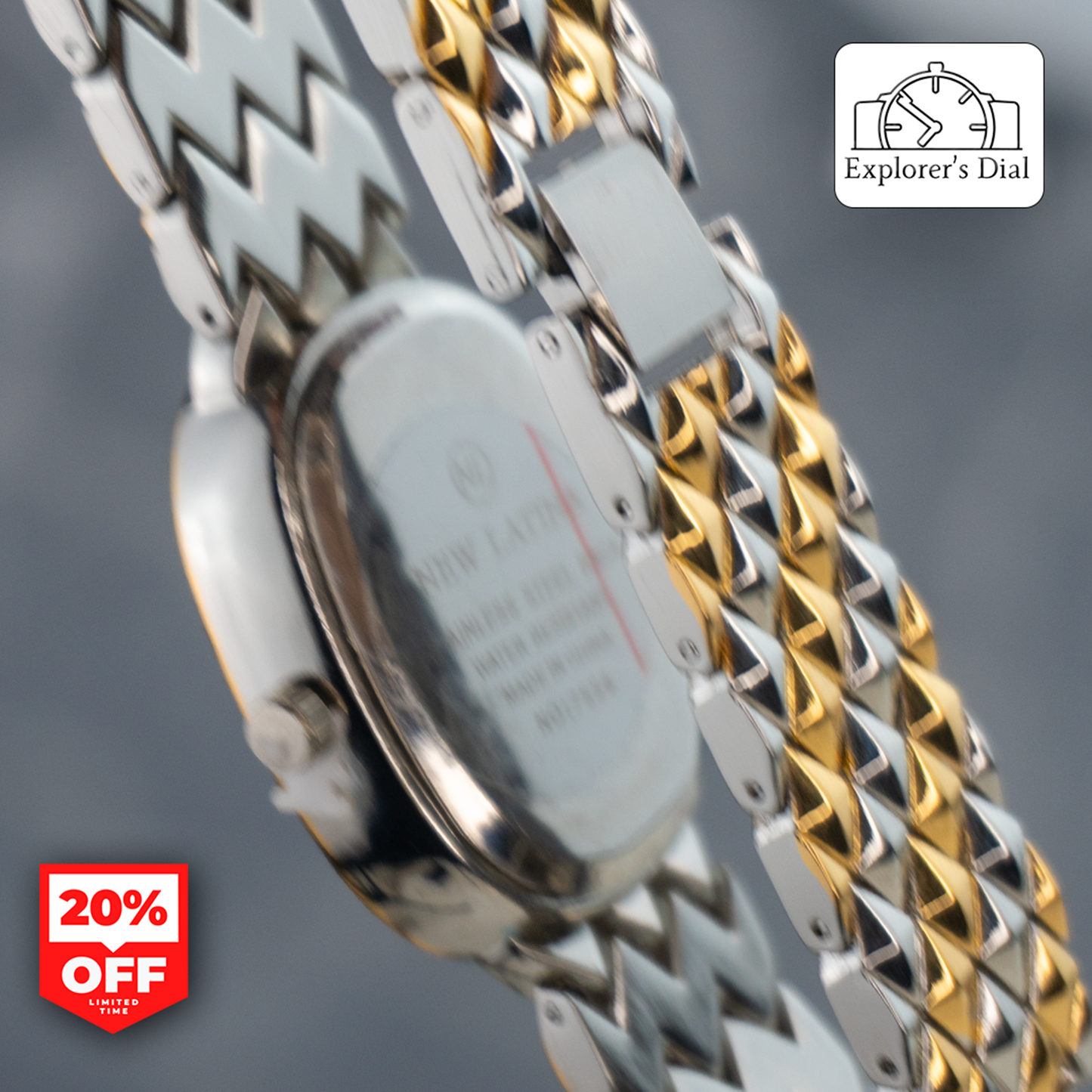 "Close-up view of New Latina watch’s stainless steel back and two-tone strap – women's premium timepiece"