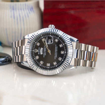 Rolex Day-Date Watch– Black Dial Timepiece with Diamond Markers