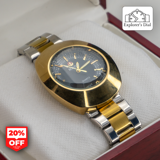 Rado-style men’s quartz watch in gold and silver with black dial and date display – premium gift packaging from Explorer’s Dial, 20% OFF