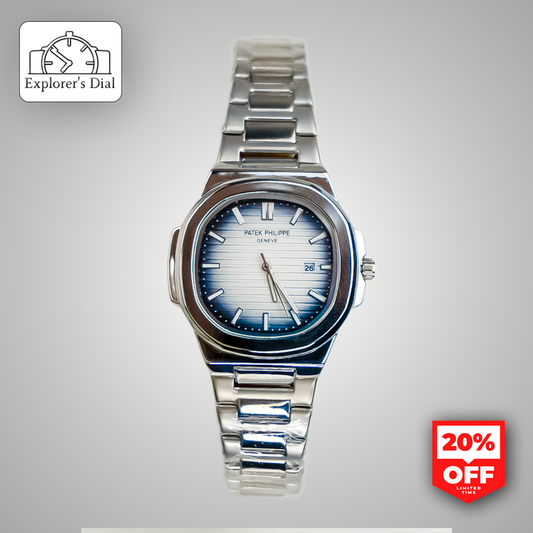 Patek Philippe classic men’s Swiss watch with date feature, polished silver chain, and minimalistic dial.