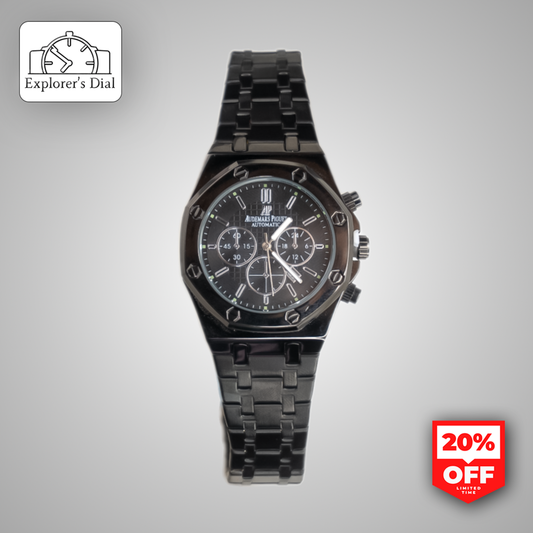 Luxury Audemars Piguet Black Dial Watch – Stainless Steel Chain & Date