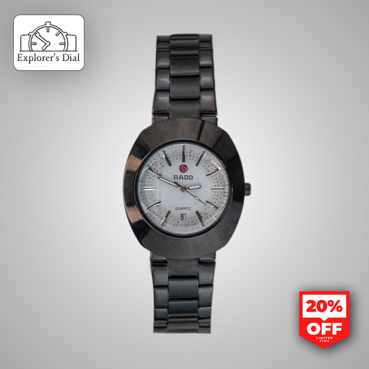 "Rado men’s black stainless steel watch with white analog dial and quartz movement – Explorer’s Dial"