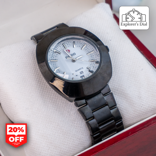 "Luxury Rado black watch in cushion box – silver dial with crystal detailing and stylish finish"