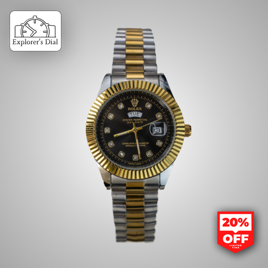 "Rolex style day-date men’s watch with black dial and two-tone silver gold bracelet – premium timepiece from Explorer’s Dial"

