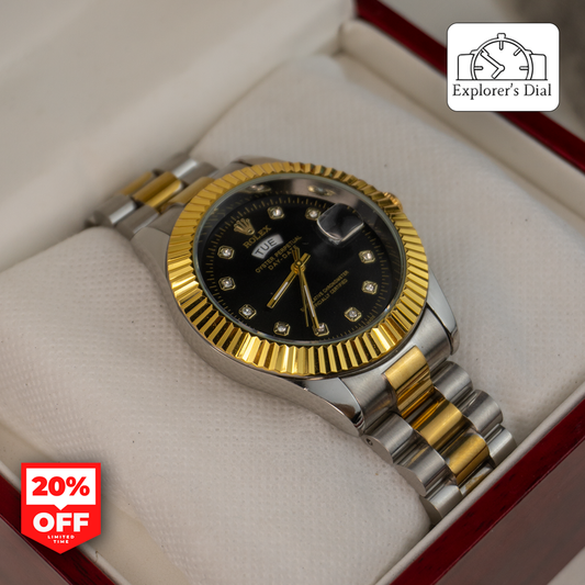 "Two-tone Rolex design men’s watch displayed in box – black dial with date and day window, available at 20% OFF"

