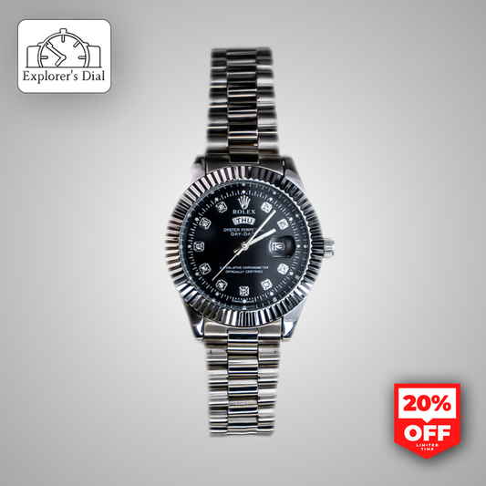 Rolex Day-Date Silver Watch for Men with Black Dial and Diamond Hour Markers – Luxury Swiss Timepiece from Explorer's Dial, 20% OFF