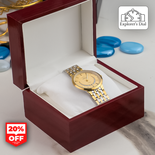 Box view of Omega De Ville men's watch with gold dial and two-tone bracelet