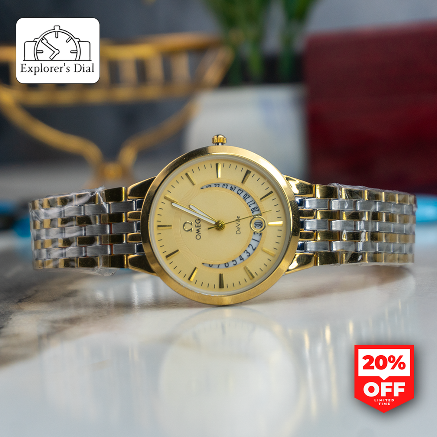 Side view of Omega De Ville men's watch with gold dial and two-tone bracelet