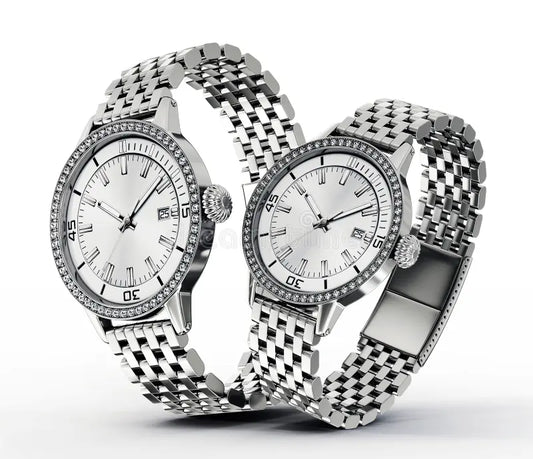 Classic Silver Couple Watch Set – Diamond Bezel Edition